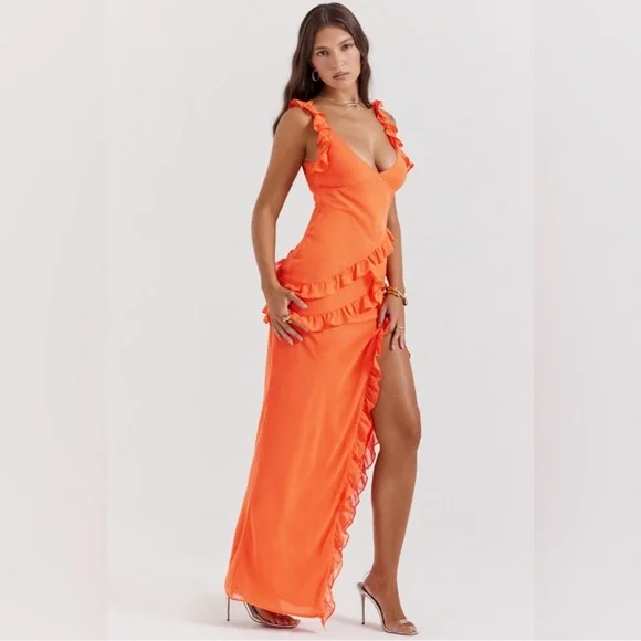 NWT HOUSE OF CB 'Pixie' Georgette Flame Orange Ruffle Maxi Dress - Picture 6 of 10